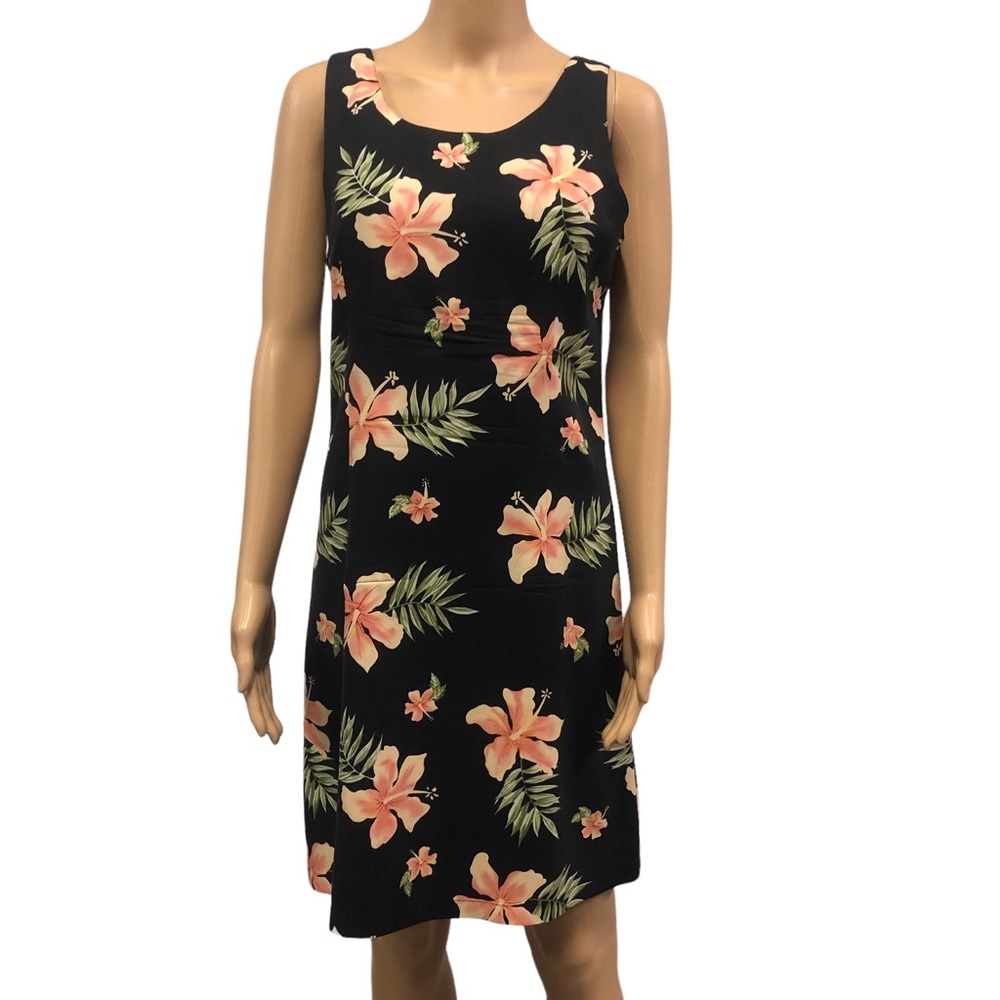 Silk Pineapple Moon Black Hawaiian Floral Zip Back Sleeveless Dress Womens M